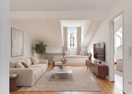 Lichtfülle unter dem Dach: Reizende 2-Zimmer-Wohnung mit Panorama-Terrasse - Gemütliches Wohnzimmer (virtuell möbliert)