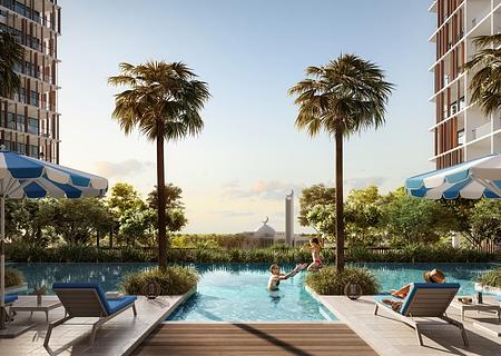 3 Zimmer auf zwei Ebenen im Park Five - DEYAAR_Arcadian01_CGI09_PoolPodium_03_12K