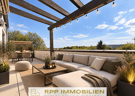 Renovierter Dachterrassentraum mit viel Privatsphäre in Unterschleißheim - Süd-Dachterrasse Möblierungsbeispiel
