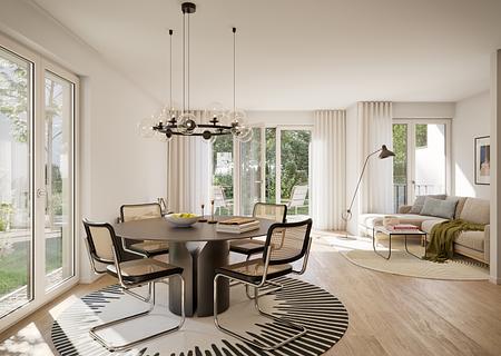 Neubau: Platz für die Familie: Attraktive Doppelhaushälfte mit 4 Zimmern und hübschem Privatgarten - Sonniger Wohnbereich (Visualisierung)