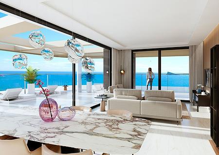 Wohnungen mit 4 Schlafzimmern, 3 Bädern, Klimaanlage, Fußbodenheizung in der ganzen Wohnung, Kfz-Stellplatz und Meerblick nur 100 m vom Strand