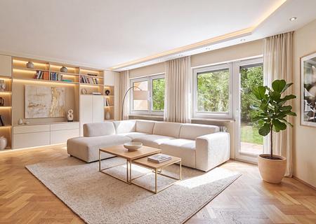 Ruhige Lage nahe der Würm: Doppelhaushälfte mit sonniger Südausrichtung und idyllischem Garten - Wohnzimmer (visualisiert)
