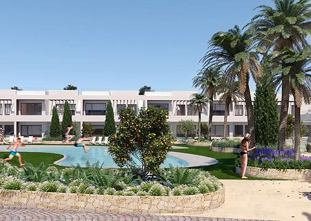 Moderne Erdgeschoss-Wohnungen mit 2 Schlafzimmern, 2 Bädern, Klimaanlage, Alarmanlage und Gemeinschaftspool nur 250 m vom Meer
