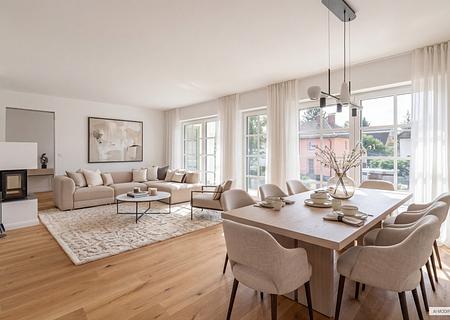 Erstbezug nach Kernsanierung: 4-Zimmer-Wohnung an der Blutenburg mit Kamin und Süd-Ost-Balkonen - Wohnbereich nach Süden (Visualisierung)