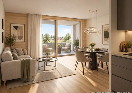 Fertigstellung Juni 2027: Super Afa! 2 Zimmer Wohnung mit Balkon in Johanneskirchen/Bogenhausen - Visualisierungsbeispiel Wohnraum mit Loggia
