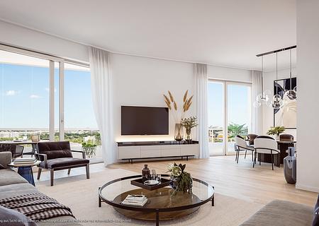 Mit Blick über München: 4-Zi-Whg. mit großzügig. Wohn-Essbereich, 2 Bädern u. umlaufend. Balkon - Wohn- u. Einrichtungsbeispiel
