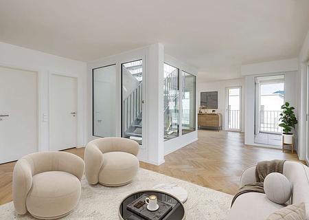 Sofort beziehbar! Phantastische Dachterrassenwohnung mit Berg- & Altstadtblick im Herzen Landsbergs - Wohnzimmer