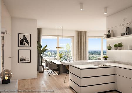 4-Zi.-Eck-Whg.: großzügiger Wohn-Essbereich mit Parkblick, 2 Bäder u. umlaufender Balkon - Wohn- und Einrichtungsbeispiel