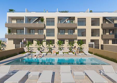 Appartements mit 2 Schlafzimmern, 2 Bädern, Tiefgaragenstellplatz und Gemeinschaftspool nur ca. 700 m vom Strand