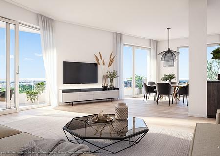 3-Zi.-Eck-Whg. mit 2 Bädern, offener Küche und umlaufendem Balkon - Wohn- u. Einrichtungsbeispiel