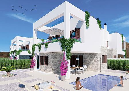 Doppelhaushälften mit 2 Schlafzimmern, 2 Bädern, Keller, Dachterrasse mit Meerblick und optionalem Privatpool nur 400 m vom Strand