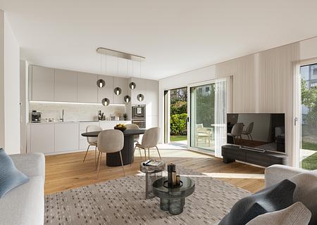 Erstbezug: Sehr reizvolle 3-Zimmer-Gartenwohnung mit eleganter Ausstattung - Wohnen, Essen, Kochen (Virtuell möbliert)