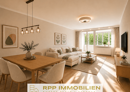 Ideal für Paare und kleine Familien: 3-Zimmer-Wohnung mit viel Potenzial und sonniger Süd-Loggia - Visualisierung Wohnzimmer