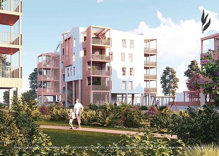 Nachhaltige Appartements mit 1 Schlafzimmer, 1 Bad, Klimaanlage, Kfz-Stellplatz, Gemeinschaftspool und Beachclub nur 400 m vom Strand