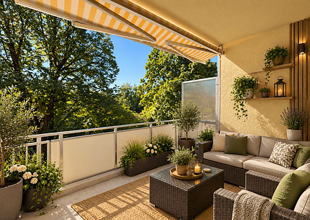 Sonnige 2 Zi.-Whg. mit großem Südbalkon in Perlach und Stellplatz - schöner großer Balkon KI generiert