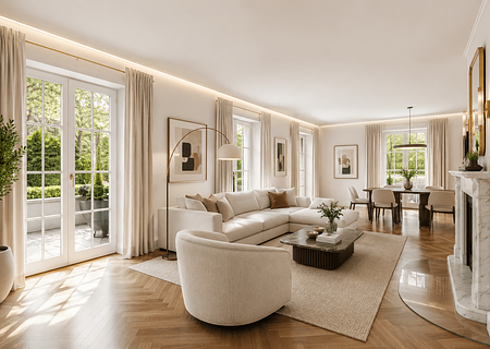Charmantes Domizil mit idyllischem Garten und Baurecht in exquisiter Lage - Lichterfüllter Livingbereich (Visualisierung)