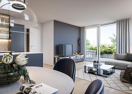 Moderne 2-Zi.-Whg. mit Balkon in Südausrichtung und Duschbad - Wohn- und Einrichtungsbeispiel
