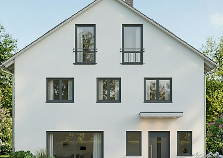 Überschrift: Phantastische Neubau-DHH für die ganze Familie im Grünen - Aussenansicht