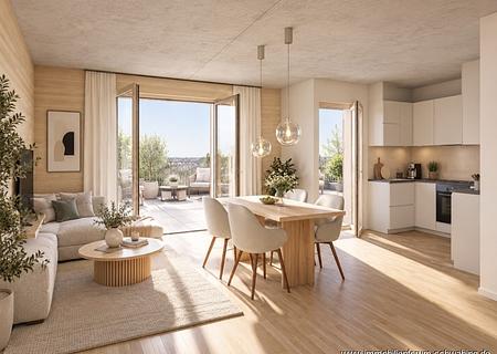 Neubauprojekt ROOTS in Bogenhausen / Johanneskirchen: Helles 2-Zimmer Penthouse mit 2 Dachterrassen - Wohnraum mit Dachterrasse