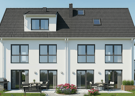 Überschrift: Phantastische Neubau-DHH für die ganze Familie im Grünen - Sonnige Süd-Terrassen
