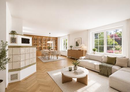 Familienfreundliches Domizil mit zauberhaftem Garten und weiterem Baurecht auf dem Grundstück - Wohnzimmer mit Kachelofen (visualisiert)
