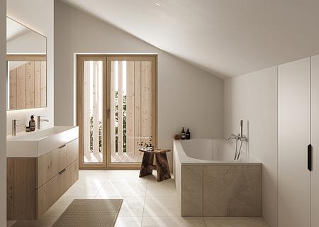 Erstbezug: Ideal geschnittene 3-Zimmer-Gartenwohnung mit Haus-im-Haus-Ambiente - Bäder mit zeitloser Ästhetik (Visualisierung)