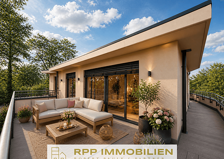 Wohnen mit Panorama: Penthouse im Erstbezug in begehrter Waldrand-Lage - Einrichtungsbeispiel Dachterrasse