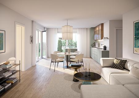 Neubau: Großzügig und sonnenerfüllt: 3-Zimmer-Familiendomizil mit zwei Balkonen nach Südwesten - Funktionalität und Ästhetik (Visualisierung)