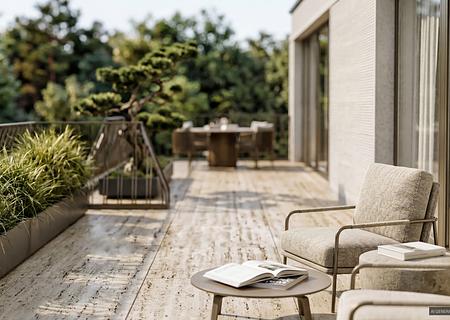 Neubau: Hochkarätige 3-Zimmer-Wohnung mit Südwest-Terrasse nahe Isarhochufer - Naturstein-Terrasse mit Aussicht (Visualisierung)