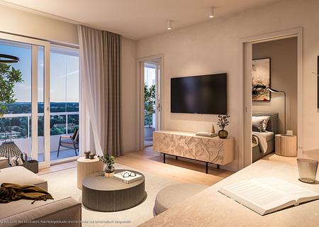 Mit Blick über München: Moderne 1,5-Zi.-Whg. mit Duschbad u. Balkon - Wohn- u. Einrichtungsbeispiel