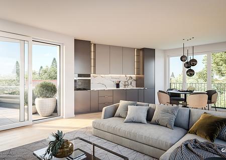 Mit großzügiger Dachterrasse nach Süden! Helle 4-Zi.-Whg. mit 2 Tageslichtbädern, davon 1x en suite - Wohn- und Einrichtungsbeispiel