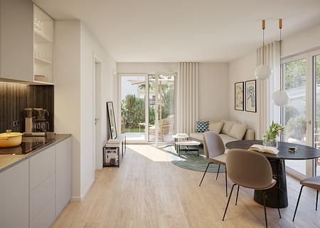 Neubau: Ideal geschnittene 2-Zimmer-Wohnung mit Westterrasse und hochwertiger Ausstattung - Bezaubernde Gartenwohnung (Visualisierung)