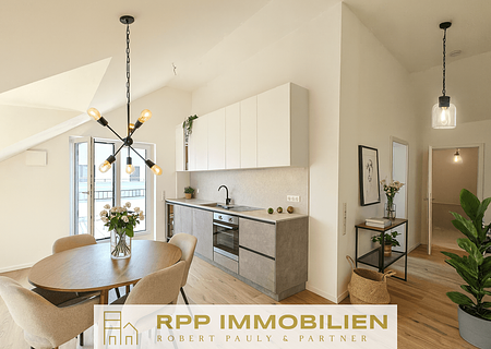 Neubau: Lichtdurchflutete 3-Zimmer-Wohnung mit großzügiger Süd/West-Dachterrasse - Möblierungsbeispiel Kochbereich