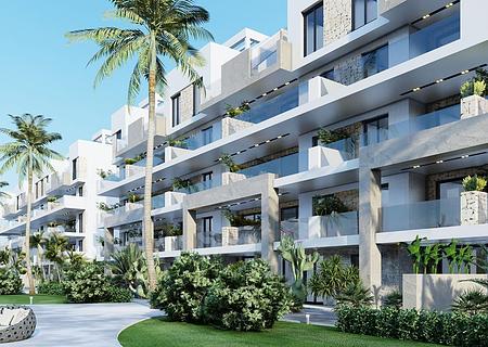 Appartements mit 2 Schlafzimmern, 2 Bädern, Klimaanlage, Einbauküchen mit Elektrogeräten, Tiefgaragenstellplatz, Gemeinschaftspool und Spa
