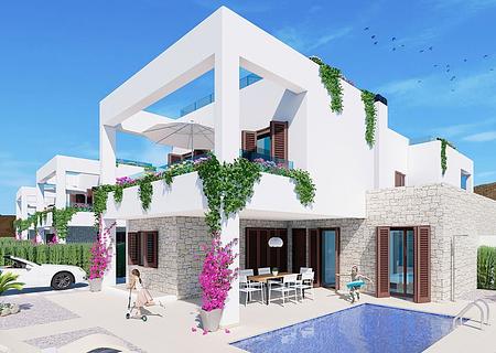 Doppelhaushälften mit 3 Schlafzimmern, 2 Bädern, Keller, Dachterrasse mit Meerblick und optionalem Privatpool nur 400 m vom Strand