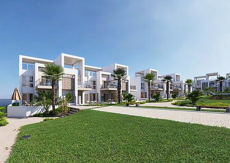 Obergeschoss-Wohnungen mit 2 Schlafzimmern, 2 Bädern, Dachterrasse, Klimaanlage, Einbauküchen mit Elektrogeräten, Kfz-Stellplatz und Gemeinschaftspool