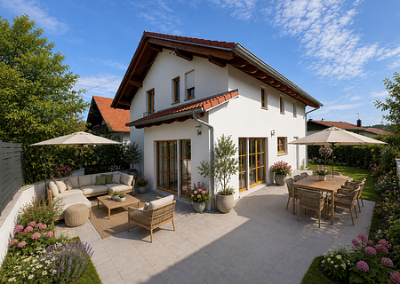 Sonniges Einfamilienhaus in Fertigbauweise in Deining - EEK A+ ! - Außenstaging 