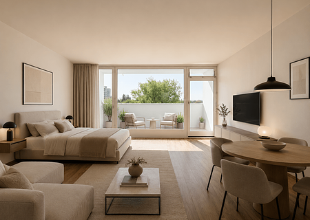 Charmantes 1-Zimmer-Zuhause mit Westbalkon - Wohn-/Schlafbereich - KI-generiert
