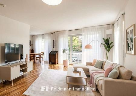 Lichtdurchflutet, komfortabel, bezugsfrei! Moderne Traumwohnung im schönen Obermenzing. - Wohnzimmer (KI-möbliert)