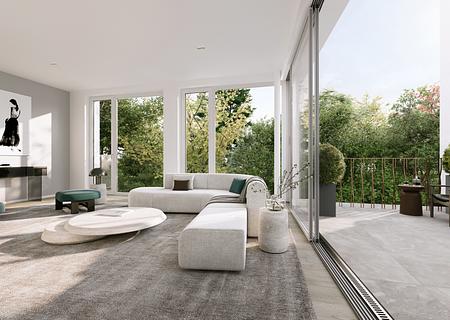Neubau: Anspruchsvolle 3-Zimmer-Wohnung mit sonniger Frühstücksterrasse und bezaubernder Süd-Loggia - Wohnbereich mit Terrasse (Visualisierung)