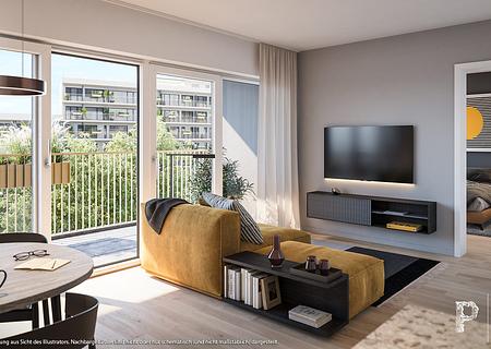 2-Zi.-Whg. mit Duschbad und großem Balkon zum grünen Innenhof - Wohn- u. Einrichtungsbeispiel