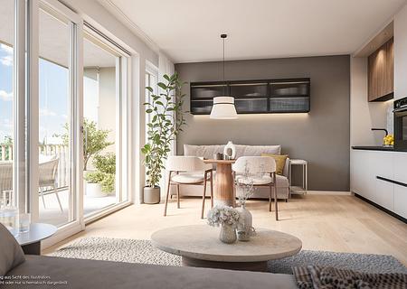 Kompaktes 1-Zi-Apartment mit Duschbad u. Süd-West-Balkon - Wohn- u. Einrichtungsbeispiel