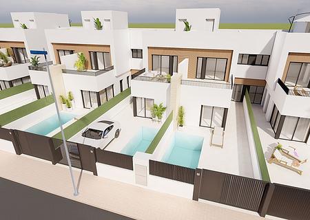 Reihenhaus-Villen mit 3 Schlafzimmern, 3 Bädern, Dachterrasse, Küchen mit Elektrogeräten, Privatpool und Kfz-Stellplatz nur 1,3 km vom Strand