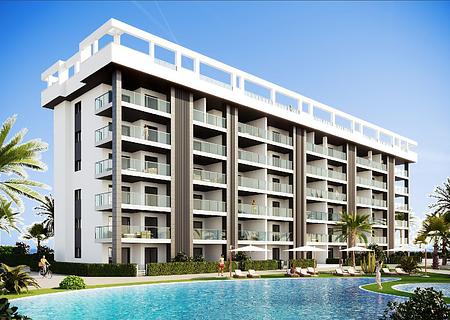 Appartements mit 2 Schlafzimmern, 2 Bädern, Vorinstallation Klimaanlage, Kfz-Stellplatz und Gemeinschaftspool nur 700 m vom Strand