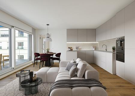 Erstbezug: Elegante 3-Zimmer-Wohnung mit Westterrasse und hochwertiger Ausstattung - Wohnbereich mit offener Küche (virtuell möbliert)