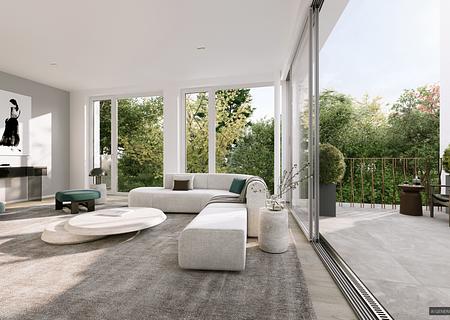 Neubau: Anspruchsvolle 3-Zimmer-Wohnung mit sonniger Frühstücksterrasse und bezaubernder Süd-Loggia - Wohnbereich mit Terrasse (Visualisierung)