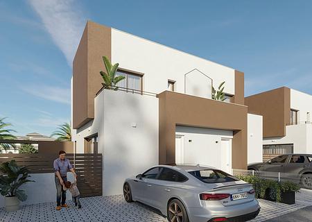 Moderne Doppelhaus-Villen mit 3 Schlafzimmern, 3 Bädern und Gemeinschaftspool nur 500 m vom kilometerlangen Sandstrand