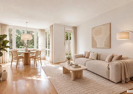 In ruhiger Lage: 2-Zimmer-Gartenwohnung mit idealem Grundriss - Wohnzimmer mit Erker und Wintergarten-Flair (Visualisierung)