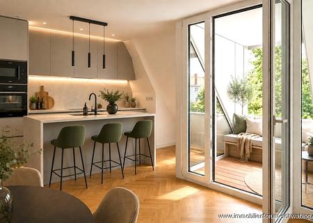 Neubau Niveau in stilvollem Pracht Altbau in bester Lage von Bogenhausen: 4 Zimmer Loggia Wohnung - Offene Küche